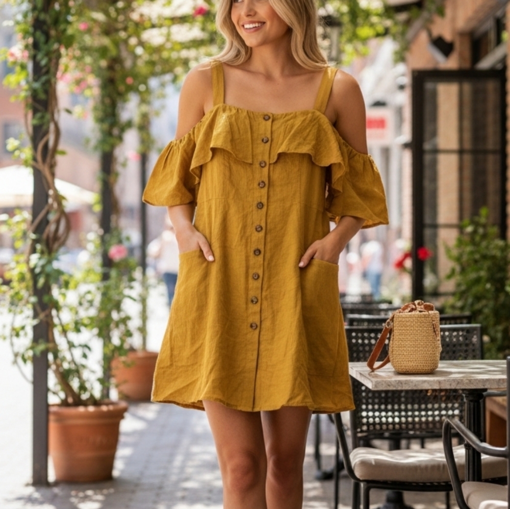 Forever 21 Yellow Ruffle Button-Front Mini Dress